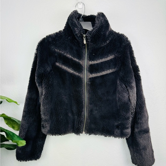 Anthropologie navy Blue Chevron Faux fur coat Jacket - Picture 2 of 9